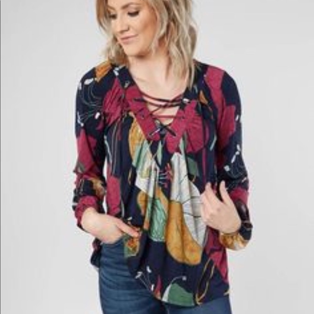 Daytrip Navy Multi Floral Lace Tie Front Top NWT
